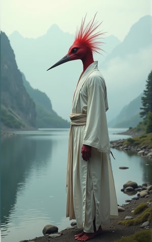 A majestic, crane-headed man stands upright, its red head held high as it surveys the serene landscape. The human lower half is clad in ancient white robes, adding to the enigmatic aura. The creature's gaze meets ours, its eyes piercing through the misty morning air. To its left, a tranquil pond reflects the surrounding mountains and rivers, creating a sense of harmony. In this composition, we see both the crane-headed man from the side view and full-body perspective, inviting us to step into its mystical world.