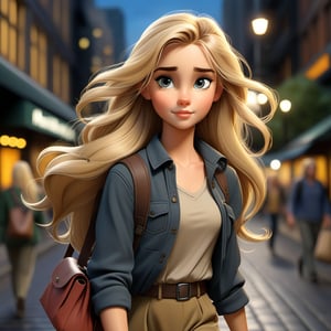 Realictic cartoon, a pretty 20 year old australian lady with long blonde hair, beautiful Eyes, outstanding facial features, determined expression, dressed in an old casual outfit, carrying a bag on her back, walking in a very bustling city. dark evening scene, bustling city setting.