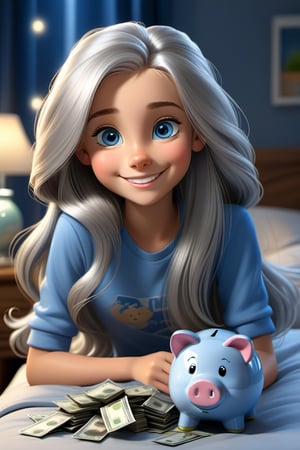 Realistic cartoon, 15 years old girl with long flowing silver hair, beautiful blue Eyes, smiling gently, calm expression, dressed casually, taking money from a piggy bank. bedroom setting, night scene, excited mood.