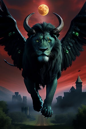 A monstrous creature resembling a male lion, entirely black, with three green-eyed orbs, the central forehead eye larger. It sports four curved goat horns and four immense black feathered wings, soaring above the ground. The scene captures it in mid-air, overlooking the earth, with the backdrop of an ancient castle's ruins nestled in a forest. The sky is a deep crimson, punctuated by three golden moons. The composition is realistic, focusing on the creature's detailed features and the eerie, mystical atmosphere of the setting.