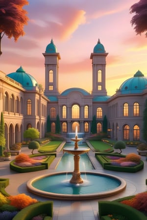 Realictic cartoon, a huge luxirious fashion university with huge fancy windows, a well maintained garden with huge fancy fountain. The view should be taken from a slightly elevated angle, highlighting the skyline against a colorful sunrise