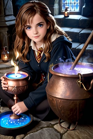 Hermione Granger (Emma Watson at the age of 14) with blue eyes, big copper potion cauldron, brew, brewing potions, magically mix the potion with her wand, mixing potions, sitting, sitting on the ground, dim light, volumetric lighting, hyper realistic, intricate background, looking at viewer, perfectly detailed eyes, 