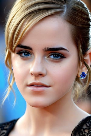 A whimsical full body shot of a young beautiful girl (Emma Watson at the age of 14) with vibrant blonde hair and piercing blue eyes. She wears a fitting black intricate nanofiber suit, highlighting her delicate features and sparkling jewelry, her parted lips slightly puckered, and freckles scattering across her cheeks. Blurred background. Looking at viewer, detailed eyes, very detailed eyes, perfectly detailed face,