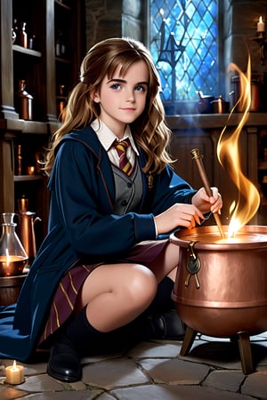 Hermione Granger (Emma Watson at the age of 14) with blue eyes, big copper potion cauldron, brew, brewing potions, magically mix the potion with her wand, mixing potions, sitting, sitting on the ground, dim light, volumetric lighting, hyper realistic, intricate background, looking at viewer, perfectly detailed eyes, 