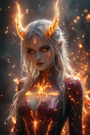 a beautiful female is wearing a devil costume and Horns on her front made of gold and fire, glowing light particles and sparkles in the style of glitter and diamond dust, hyper-realistic fire, fairycore, hkmagic, masterpiece, best quality, highly detailed, sharp focus, dynamic lighting,cip4rf,hkevil