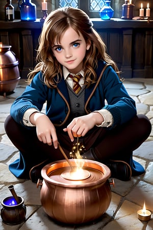 Hermione Granger (Emma Watson at the age of 14) with blue eyes, big copper potion cauldron, brew, brewing potions, magically mix the potion with her wand, mixing potions, sitting, sitting on the ground, dim light, volumetric lighting, hyper realistic, intricate background, looking at viewer, perfectly detailed eyes, 