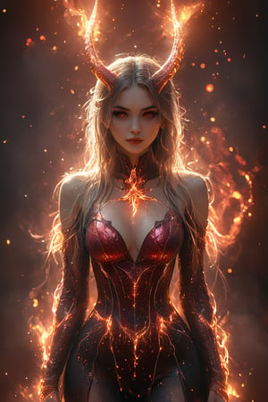 a beautiful female is wearing a devil costume and Horns on her front made of gold and fire, glowing light particles and sparkles in the style of glitter and diamond dust, hyper-realistic fire, fairycore, hkmagic, masterpiece, best quality, highly detailed, sharp focus, dynamic lighting, firely red background, blurry background, cip4rf,hkevil