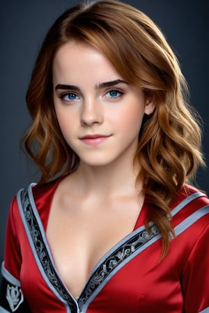 Create a realistic full body photo of slim beautiful young girl (Emma Watson at the age of 14), blue eyes, with short neon red hair and perfect blue eyes, standing, waering a red tight fitting nanofiber nightsuit with black details, elegant, embroidered gryffindor logo, impressive pose, perfectly detailed eyes, detailed face, detailed make-up, hogwarts facility as background, dim light