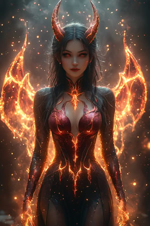 a beautiful female is wearing a devil costume and Horns on her front made of gold and fire, glowing light particles and sparkles in the style of glitter and diamond dust, hyper-realistic fire, fairycore, hkmagic, masterpiece, best quality, highly detailed, sharp focus, dynamic lighting,cip4rf,hkevil