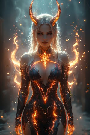 a beautiful female is wearing a devil costume and Horns on her front made of gold and fire, glowing light particles and sparkles in the style of glitter and diamond dust, hyper-realistic fire, fairycore, hkmagic, masterpiece, best quality, highly detailed, sharp focus, dynamic lighting, burning background, blurry background, cip4rf,hkevil