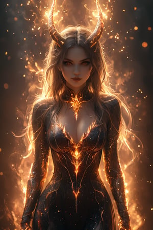 a beautiful female is wearing a devil costume and Horns on her front made of gold and fire, glowing light particles and sparkles in the style of glitter and diamond dust, hyper-realistic fire, fairycore, hkmagic, masterpiece, best quality, highly detailed, sharp focus, dynamic lighting, burning background, blurry background, cip4rf,hkevil