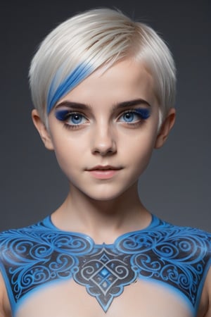 Create a hyperrealistic vertical full body photo of the most attractive young Naked girl (Emma Watson at the age of 10), blue eyes, platinum blonde hair, soft pixie cut, detailed short fitting underwear without sleeves, errected nipples, posing for the camera, simple background, dim light, volumetric lighting, hyper realistic, blurry foreground, blurry background, (bloodborne:1.1), uniformsbodypaint, change paint into a tattoo, detailed face, detailed eyes, 