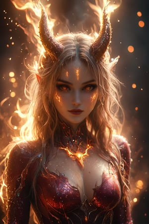 a beautiful female is wearing a devil costume and Horns on her front made of gold and fire, glowing light particles and sparkles in the style of glitter and diamond dust, hyper-realistic fire, fairycore, hkmagic, masterpiece, best quality, highly detailed, sharp focus, dynamic lighting, burning background, blurry background, cip4rf,hkevil