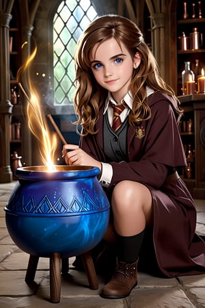 Hermione Granger (Emma Watson at the age of 14) with blue eyes, big copper potion cauldron, brew, brewing potions, magically mix the potion with her wand, mixing potions, sitting, sitting on the ground, dim light, volumetric lighting, hyper realistic, intricate background, looking at viewer, perfectly detailed eyes, 