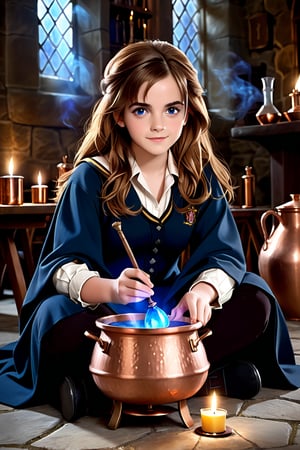 Hermione Granger (Emma Watson at the age of 14) with blue eyes, big copper potion cauldron, brew, brewing potions, magically mix the potion with her wand, mixing potions, sitting, sitting on the ground, dim light, volumetric lighting, hyper realistic, intricate background, looking at viewer, perfectly detailed eyes, 