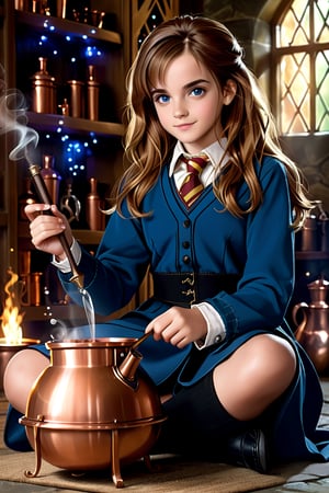 Hermione Granger (Emma Watson at the age of 11) with blue eyes, big copper kettle, brew, brewing potions, magically mix the potion with her wand, mixing potions, sitting, sitting on the ground, dim light, volumetric lighting, hyper realistic, intricate background, looking at viewer, perfectly detailed eyes, 