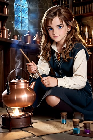 Hermione Granger (Emma Watson at the age of 11) with blue eyes, big copper kettle, brew, brewing potions, magically mix the potion with her wand, mixing potions, sitting, sitting on the ground, dim light, volumetric lighting, hyper realistic, intricate background, looking at viewer, perfectly detailed eyes, 