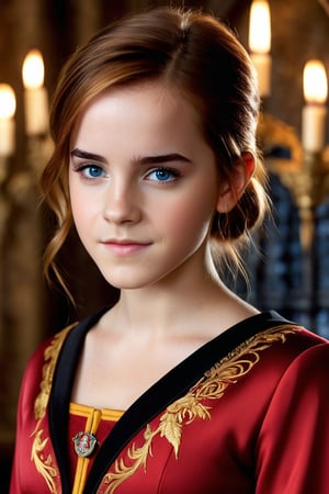 Create a realistic full body photo of slim beautiful young girl (Emma Watson at the age of 14), blue eyes, with short neon red hair and perfect blue eyes, standing, waering a red tight fitting nanofiber nightsuit with black details, embroidered gryffindor logo, impressive pose, perfectly detailed eyes, detailed face, detailed make-up, hogwarts facility as background, dim light