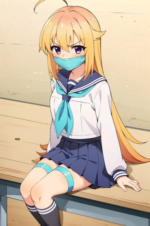 (masterpiece), (sitting), (Upper body), 1girl, solo, looking at viewer, blonde hair, long hair, bangs, hair between eyes, v-shaped eyebrows, purple eyes, (medium breasts), crosed legs, shirt, white shirt, long sleeves, skirt, blue skirt, pleated skirt, school uniform, ahoge, hair flaps, sailor collar, blue sailor collar, neckerchief, blue neckerchief, serafuku, socks, kneehighs, shoes, loafers, brown footwear, (school bangraund:1.3), linea art, koshi torako,poakl, tape gag tape gagged 