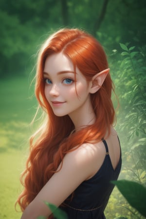 score_9, score_8_up, score_7_up, rating_safe, 1 girl, solo, cute, (short:1.2), small body, (shortstack:1.1), portrait, looking at viewer,  slight smile, dutch angle, disney pixar style, red long hair, blue eyes, female elf, forest background, elven dress