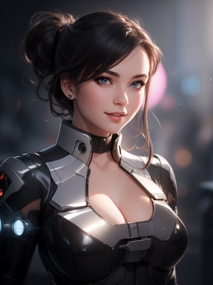 masterpiece, best quality, photorealistic, raw photo, sexy girl, beautiful girl, young girl, solo, Hyperrealistic, hyperdetailed, realistic face, high-resolution, realistic style, 8k, detailed hair, beautiful face, perfect face, stud earrings,  1 girl, happy warmth friendly expression, closed lips, sci-fi, black grey flightsuit, sci-fi background, circle hologram front of eye