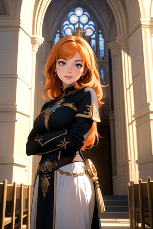 centered, masterpiece, |  woman, standing, solo, fantasy world, church, european architecture, | bokeh, depth of field, hyperealistic shadows, orange hair, grey eyes, arms crossed front, warm smile, closed lips
