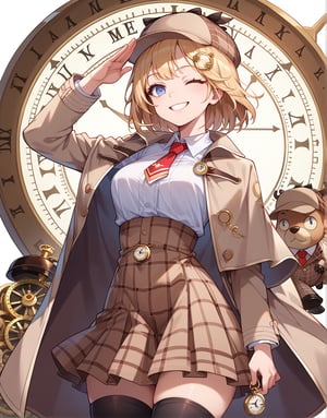 score_9, score_8_up, score_7_up, score_6_up, score_5_up, score_4_up, source_cartoon,, portrait, smile, salute, wink, amelia_detective, bob cut, white shirt, collared shirt, red necktie, high-waist skirt, brown skirt, plaid skirt, deerstalker, brown coat, black thighhighs, pocket watch, monocle hair ornament

background, clocks, clock hands, gears