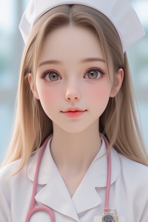 
(perfectly clear transparent pale skin colored nurse uniform :1.3),nurse cap,
super cute loli face, 14 yo,
very beautiful cute girl, 
(clear attractive glowing large eyes:1), 
cheerful,
long straight hair, 
detailed beautiful eyes,
realistic photgraph