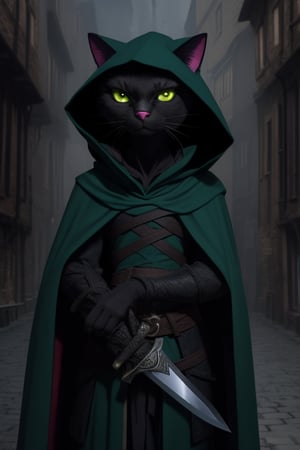 black furred anthropomorphic cat rogue, female anthropomorphic cat, wering a dark cloak and hood, holding a dagger, standing in a medieval urban environment, black fur, green eyes