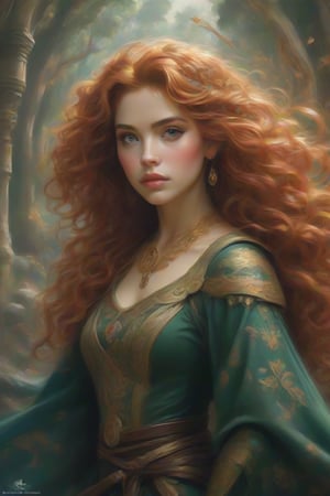 portrait of Disney Merida, intricate, elegant, highly detailed, my rendition, digital painting, artstation, concept art, smooth, sharp focus, illustration, art by artgerm and greg rutkowski and alphonse mucha and huang guangjian and gil elvgren