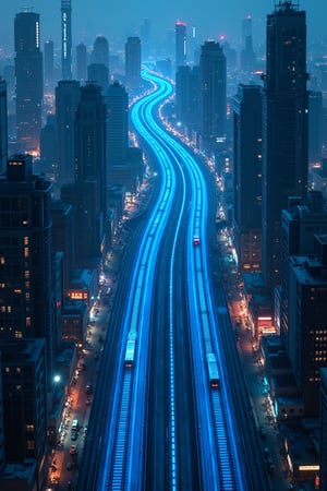 "Sky-High Perspective of Blue Neon Tracks Weaving Through a Futuristic Mega-Metropolis"
A wide shot from above, capturing blue neon railway tracks weaving through a dense, futuristic mega-metropolis. The tracks connect various districts, from bustling marketplaces to high-tech industrial zones, with cargo trains moving swiftly through the vibrant, chaotic cityscape bathed in neon lights and perpetual twilight.
