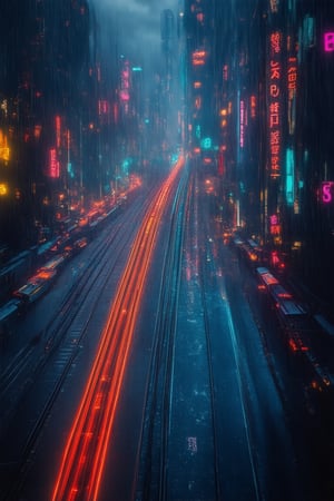 "Wide Aerial View of Neon-Blue Railway Tracks Cutting Through a Dystopian Cyberpunk City"
A sweeping aerial shot of neon-blue railway tracks slicing through the heart of a sprawling, dystopian cyberpunk city. The tracks glow brightly against the dark, rain-soaked streets, with cargo trains zipping past towering skyscrapers adorned with holographic advertisements and flickering neon signs.
