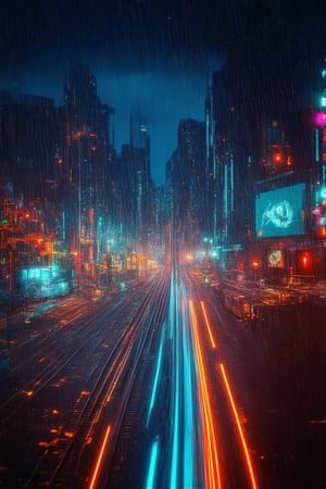 "Wide Aerial View of Neon-Blue Railway Tracks Cutting Through a Dystopian Cyberpunk City"
A sweeping aerial shot of neon-blue railway tracks slicing through the heart of a sprawling, dystopian cyberpunk city. The tracks glow brightly against the dark, rain-soaked streets, with cargo trains zipping past towering skyscrapers adorned with holographic advertisements and flickering neon signs.
