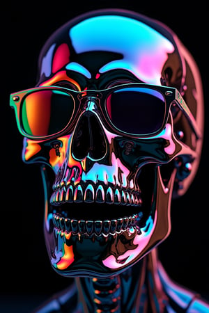 a close up view of an ornate skull made of chrome, the skull is wearing shades, black background, multicoloured lights, high details, photorealistic, 16K,