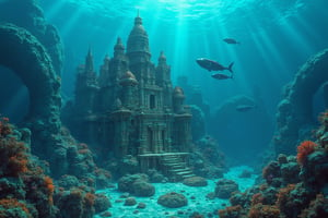 an ornate ancient city lies on the sea floor, vibrant colours, ultra details, photorealistic, 16K,