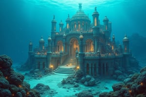 an ornate ancient city lies on the sea floor, vibrant colours, ultra details, photorealistic, 16K,