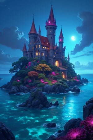 wide view of a castle situated on a small island, surrounded by ocean , bioluminescent water, vibrant colourful plants, ultra details, photorealistic, 16K,