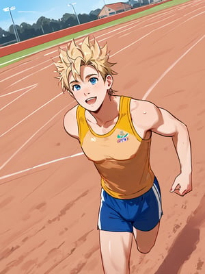 30 years old jock boy, track and field athlete, strong and energetic, muscular body, running shorts, tank top, tanned skin, on running court, sunny day, blue sky, looking up angle POV, windy, 