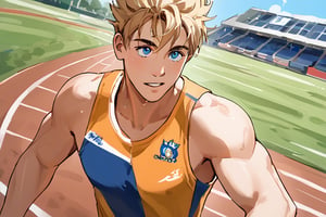 30 years old jock boy, track and field athlete, strong and energetic, muscular body, running shorts, tank top, tanned skin, on running court, sunny day, blue sky, looking up angle POV, windy, 