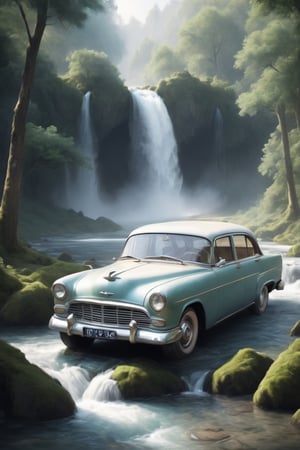 A river in the middle of the forest, at the end of which there is a beautiful waterfall, and an old car is parked in the middle of this forest