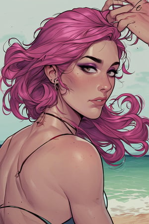 score_9, score_8_up, score_7_up, score_7, score_6_up, 

close_up, portrait, 1woman, (sexy young nathalie dormer | cara delavigne), (short pink hair:1.2), (makeup:1.2), standing at the beach,

BWcomic,Flatdraw,2Dcomic