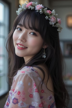 1girl, beautiful korean woman, bangs-hairstyle,dark long-hair,39yo,smile, straight_hair,background inside building,there is crown flowers in hair.