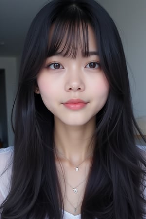 create  a beautiful lady,korean woman, bangs-hairstyle,dark long-hair,36yo,cute_smile, straight_hair 