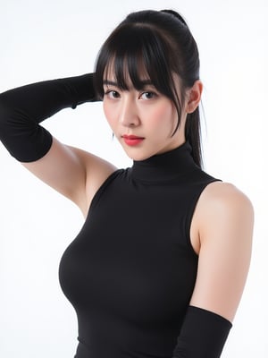 A photo of a 30-year-old beautiful korean woman.she has bangs-hairstyle.long dark-hair.WEARING long black latex gloves and SEE THORUGH turtle neck one-picec swimsuit. she is cosplayer. The photo was taken on film using flash photography. The background is white. The lighting is professional.,top single bun hair,red mouth,bang hair,light professional,hands behind head