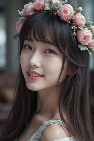 1girl, beautiful korean woman, bangs-hairstyle,dark long-hair,38yo,smile, straight_hair,background inside building,there is crown flowers in hair.