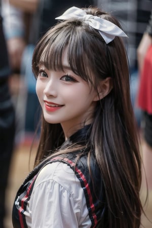 (Masterpiece, Top Quality, Best Quality, Official realistic,close-up Beauty and Aesthetics: 1.2), HDR, high contrast, wide shot(majestic:1.5), hyper realistic, highly detailed, uhd:1.3, RAW photo, korean woman,35 years old, bangs-hairstyle,Idol,1girl, grin, bow on head, fair skin,  school_uniform, pleated_skirt,