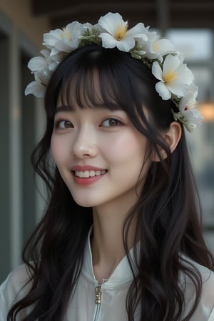 1girl, beautiful korean woman, bangs-hairstyle,dark long-hair,39yo,smile, straight_hair,background inside building,there is crown flowers in hair, extremely Realistic,ultraHD,high_resolution,high_detail,very_realistic.