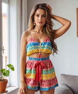 Generate hyper-realistic, hyper detailed image of a beautiful female in colorful summer outfit, posing from her home, slutty looks, natural lighting

