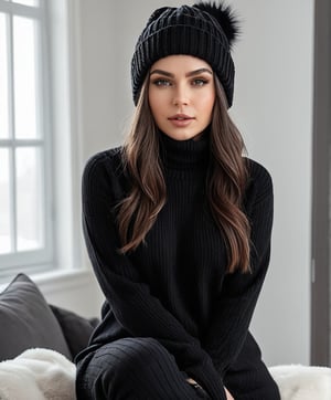 Generate hyper-realistic, hyper detailed image of a beautiful female in black color winter outfit, posing from her home, slutty looks, natural lighting

