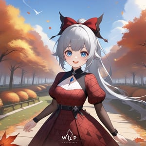 Best composition, Best image quality, Masterpiece, Close-up, (beautiful girl, big eyes, blue eyes, silver hair, wide open mouth smile), ponytail, (dark red fine triangle pattern dress), dashing, background, park, autumn leaves on trees, artist, whirl feature, 3D animation art, WLOP art Station, High Definition, Aesthetic, Concept Art, Ultra High Definition, Breathtaking, 8K Resolution WLOP Inspired, Art Station, #Harakami Impact Pixie, High Definition, Aesthetic,. Concept Art, Ultra High Definition, Breathtakingly Beautiful, 8K Resolution, Various Tracks.